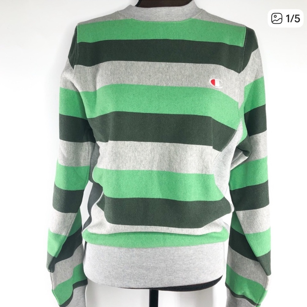 Champion Men's Striped Crewneck Sweater - Green and Gray